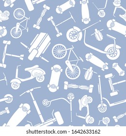 Eco-friendly transport background. Vector seamless pattern solid silhouettes of scooter, monowheel, hoverboard, bicycle and skateboard for graphic design
