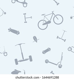 Umweltfreundlicher Verkehrshintergrund - Vektorillustration nahtlose Muster-Silhouetten von Roller, Monrad, Hoverboard, Fahrrad und Skateboard für Grafikdesign