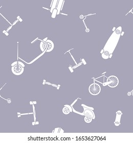 Fondo de transporte ecológico - Siluetas de patrón vectorial sin fisuras de scooter, monórelo, vaquero, bicicleta y skateboard para el diseño gráfico