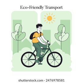 Eco-Friendly Transport concept. Man riding a bicycle in a green urban environment promoting sustainability. Green commute, healthy lifestyle, and renewable energy. Vector illustration.