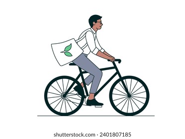 Eco-friendly transport and eco bag. A man rides a bicycle isolated on white background. Clean air and an eco friendly planet. Sport, health care, minimum waste concept.  Flat style vector modern art. 