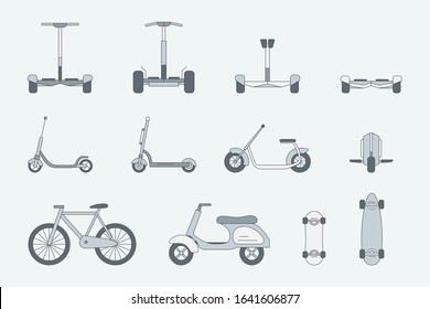 Eco-friendly transport Icons set - Vector color symbols of scooter, monowheel, hoverboard, bicycle and skateboard for the site or interface