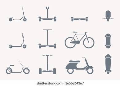 Eco-friendly transport Icons set - Vector silhouettes of scooter, monowheel, hoverboard, bicycle and skateboard for the site or interface