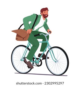 Eco-friendly Transportation Choice Concept. Man Cycling, Reducing Carbon Emissions, Promoting Sustainability, And Staying Fit. Male Character Riding Bicycle. Cartoon People Vector Illustration