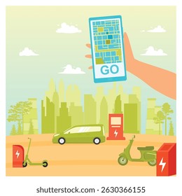 Eco-friendly transportation featuring electric vehicles, smart devices for navigation, and beautiful city views. Urbanization and Mobility Concept.