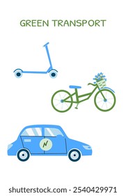 Eco-friendly transportation icons: scooter, bicycle, and electric car.