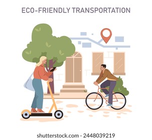 Eco-Friendly Transportation set. Urban commuters using sustainable transport options. Woman on electric scooter and man on bicycle. Clean travel solutions in a city environment.