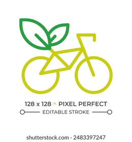 Eco-friendly transportation two color line icon. Bicycle and leaf bicolor outline symbol. Sustainable transportation. Green commuting. Duotone linear pictogram. Isolated illustration. Editable stroke