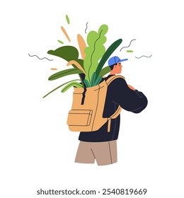 Eco-friendly travel concept. Tourist with green leaf plants in backpack. Hiker, traveler in nature. Zero-waste sustainable lifestyle, adventure. Flat vector illustration isolated on white background