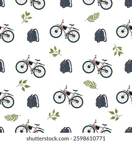 Eco-friendly travel seamless pattern. Bicycle, backpack and  branches of plants on white background. Green,beige and grey colors. Print on fabric and paper. Vector design for textile, wallpaper, cover