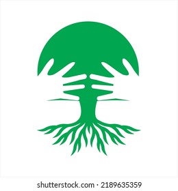 Eco-friendly tree. Silhouette shape with Hands and Roots. Vector line illustration. Banyan tree illustration. Royalty-free vector object.