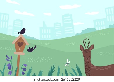 Eco-friendly urban park with wildlife and deer – vector illustration in children's book style