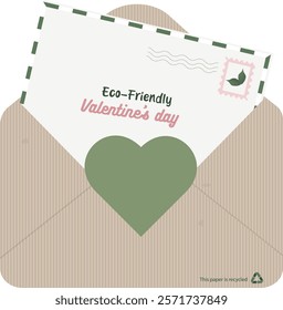 Eco-Friendly Valentine's Card with Recycled Paper Envelope isolated on white background. Sustainable Valentine's Day. Recycled kraft envelope. Eco-conscious love messaging. Vector illustration