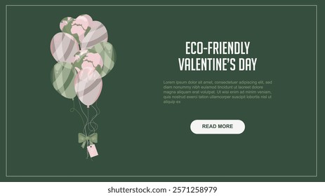 Eco-Friendly Valentine's Day Banner with Eart balloons. Eco-themed Valentine's Day with earth-patterned balloons. Love and valentines day concept. Ecological love. Flat style. Vector illustration.