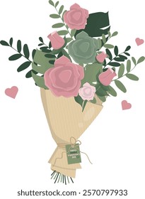 Eco-Friendly Valentine's Day Rose Bouquet Illustration isolated on transparent background. Rose bouquet with kraft paper wrapping and eco-friendly tag. love and sustainable valentines day concept.