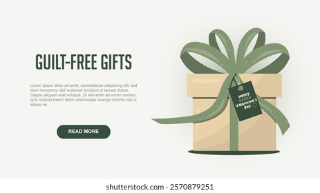 Eco-Friendly Valentine's Gift Box with Green Bow Illustration. Sustainable gift box design. Valentines day concept. Eco-friendly love concept. Flat style. Vector illustration