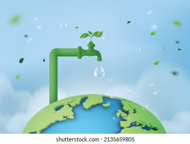 Eco-friendly vector of green faucet with leaf and droplet over Earth, ideal for promoting water-saving and environmental care.
