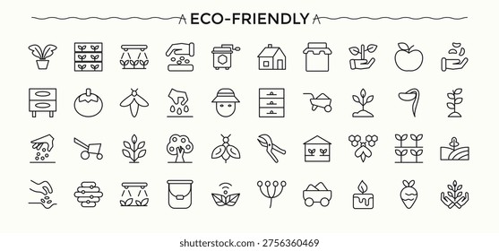 Eco-Friendly vector icon set. Nature icon set. Pictograms of farming, herbal, healthy, vegan, gardening, natural and more. Vector artwork and illustration.