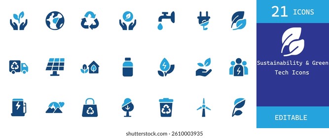 Eco-friendly vector icons representing sustainability, renewable energy, and green technology, perfect for environmental projects, websites, and apps.