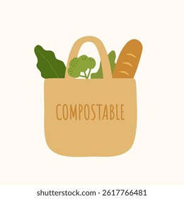 Eco-friendly vector illustration of a compostable grocery bag with vegetables and bread. Perfect for organic product labels, packaging design, and sustainable lifestyle promotions.