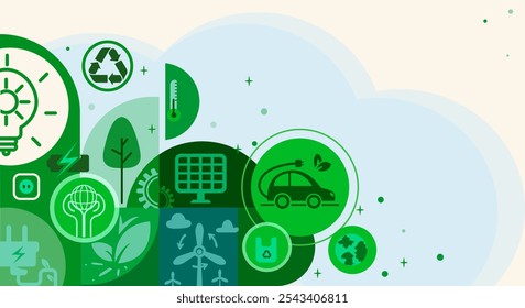 Eco-friendly vector illustration featuring green-themed icons symbolizing sustainability, renewable energy, electric vehicles, recycling, and nature conservation. Ideal for environmental projects
