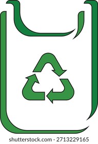 Ilustración vectorial ecológica de una bolsa de compras reutilizable verde con Formas orgánicas que fluyen, con un símbolo de reciclaje prominente en el centro.