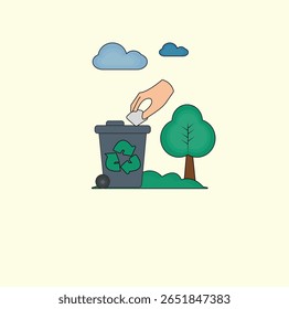 Ilustração ecológica de vetor - Mão jogando lixo na lixeira perto da árvore na cena da natureza