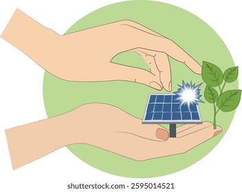 Eco-friendly vector illustration of hands protecting a solar panel and a green plant, symbolizing renewable energy, sustainability, and environmental conservation. Ideal for clean energy, solar power
