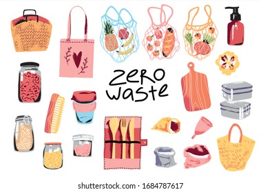 Eco-friendly vector set with zero-waste items: net bag, string bag, keep cup, food container, luffa, glass jar. Flat illustrations.