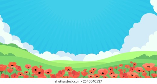  Eco-Friendly Vibrant Poppy Field with Rolling Hills and Sunlit Sky - Nature's Serenity