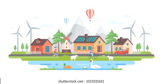 Eco-friendly village - modern flat design style vector illustration on white background. Lovely landscape with small buildings, trees, windmills, pond, active people, sheep, cars on the road