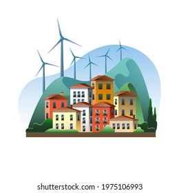 Eco-friendly village with wind power generators. Vector illustration on the theme of a smart village and eco-friendly electricity.