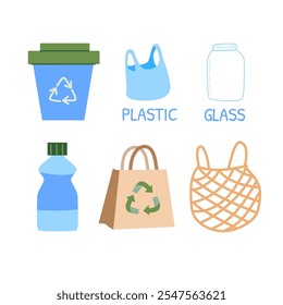 Eco-friendly waste management: recycle bin, glass jar, plastic bag, water bottle, and reusable bag.