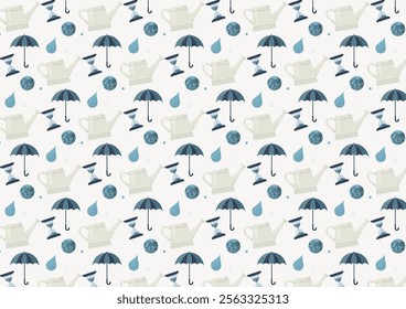 Eco-Friendly Water Conservation Icons Pattern. Seamless pattern featuring water-themed icons like umbrellas, raindrops, watering cans, and earth symbols promoting conservation and sustainability