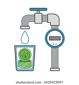 Eco-friendly water consumption. A water metering and saving device. Color illustration