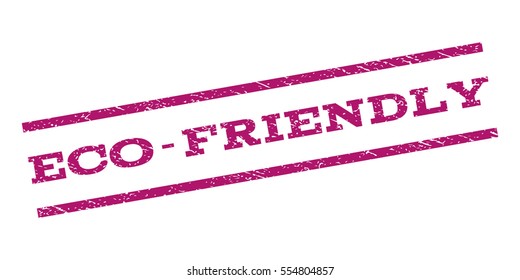 Eco-Friendly watermark stamp. Text caption between parallel lines with grunge design style. Rubber seal stamp with dirty texture. Vector purple color ink imprint on a white background.