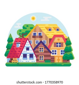 Eco-friendly wooden houses in countryside. Rural scene with cottages and chalets of sustainable architecture in green suburb or village with trees. Colorful town houses for ecological farm living.