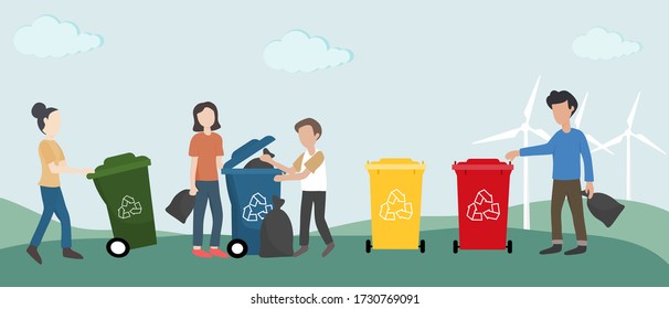 Ecológico y Día Mundial del Medio Ambiente. Un grupo de personas está ayudando a proteger el medio ambiente mediante la eliminación de residuos plásticos, botellas de vidrio, desperdicios de comida y tecnología de papel Bio.