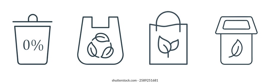 Eco-Friendly and Zero Waste Line Icon Set. Vector Illustration of Zero Waste, Reusable Shopping Bags, Recycling Bin, and Compost Bin Symbols in Line Art Style