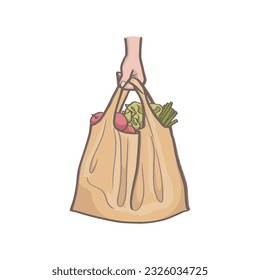 Eco-friendly_Hand lifting a shopping bag with fruits and vegetables