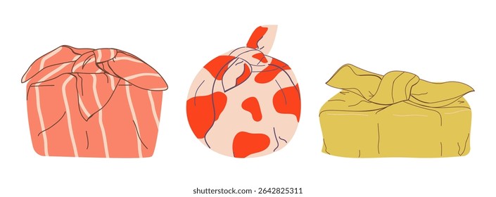 Eco-gift wrappers made of fabric. Japanese packaging of furoshiki. Various cotton packages tied in a knot. The concept of "zero waste", environmental friendliness, reusable. Flat vector illustration.