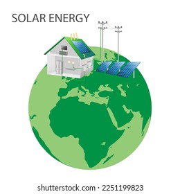 Eco-house based on green renewable and solar energy. with windmills, and solar energy panels.