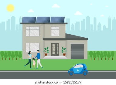 Ecohouse, a clean, smart city and a happy family. A man, woman and child are standing near their house with solar panels. There is an electric car on the road. Flat vector illustration on a blue back