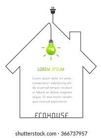 Ecohouse concept. Text frame template and design element with house and green lightbulb.