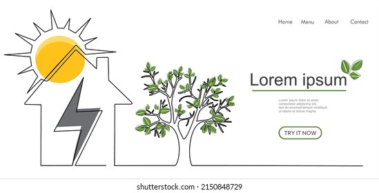 Ecohouse, como concepto de ahorro de energía, en estilo de dibujo de línea continua. 