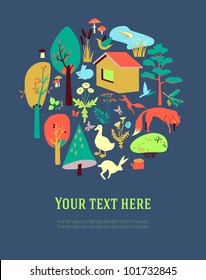 Eco-house in the forest and its inhabitants. The poster, card or banner