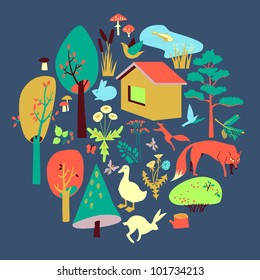 Eco-house in the forest and its inhabitants. The poster, card or banner