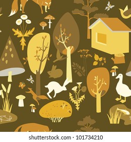 Eco-house in the forest and its inhabitants. Seamless pattern