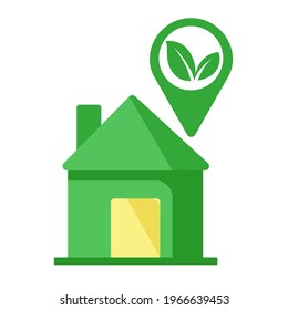 Icono de Ecohouse con icono de ubicación y hojas verdes. Se puede usar en sitios web como designación de una dirección, ubicación, infografía, tipografía. 