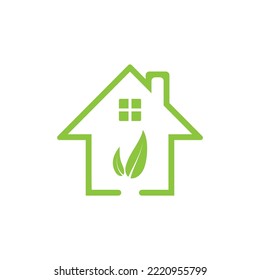 Ecohouse icon with location icon and green leaves.Vector illustration isolated on white background.Eps 10.